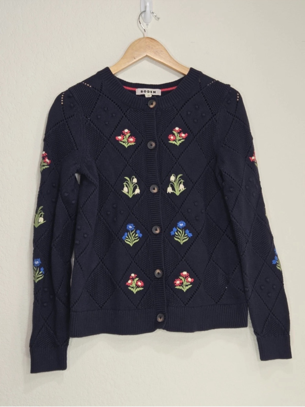 Boden Floral Embroidered Cardigan Sweater Cotton Navy Cottage Romantic Size M